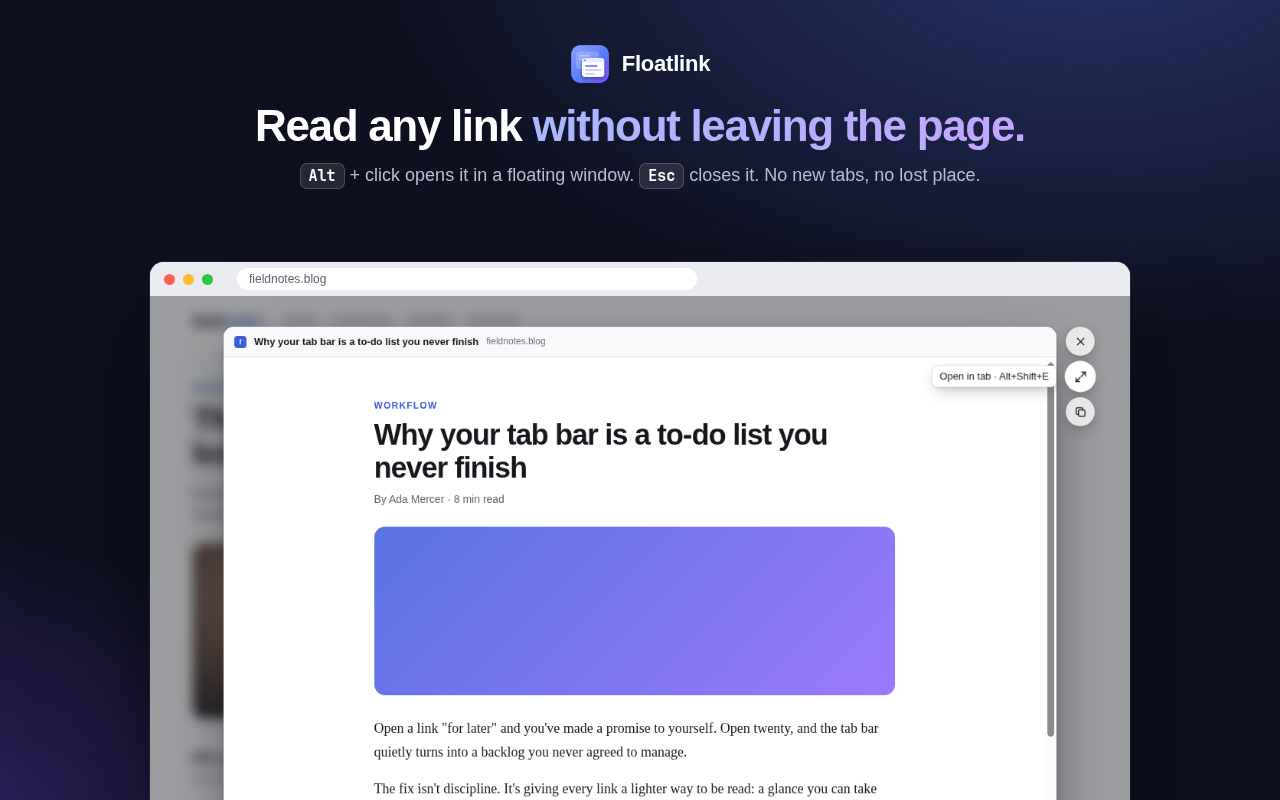 A blog with an article open in Floatlink's floating window, the page dimmed behind it.